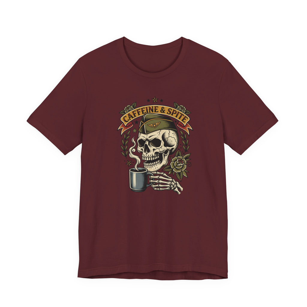 Burgundy graphic T-shirt with skull holding coffee mug, Caffeine & Spite design