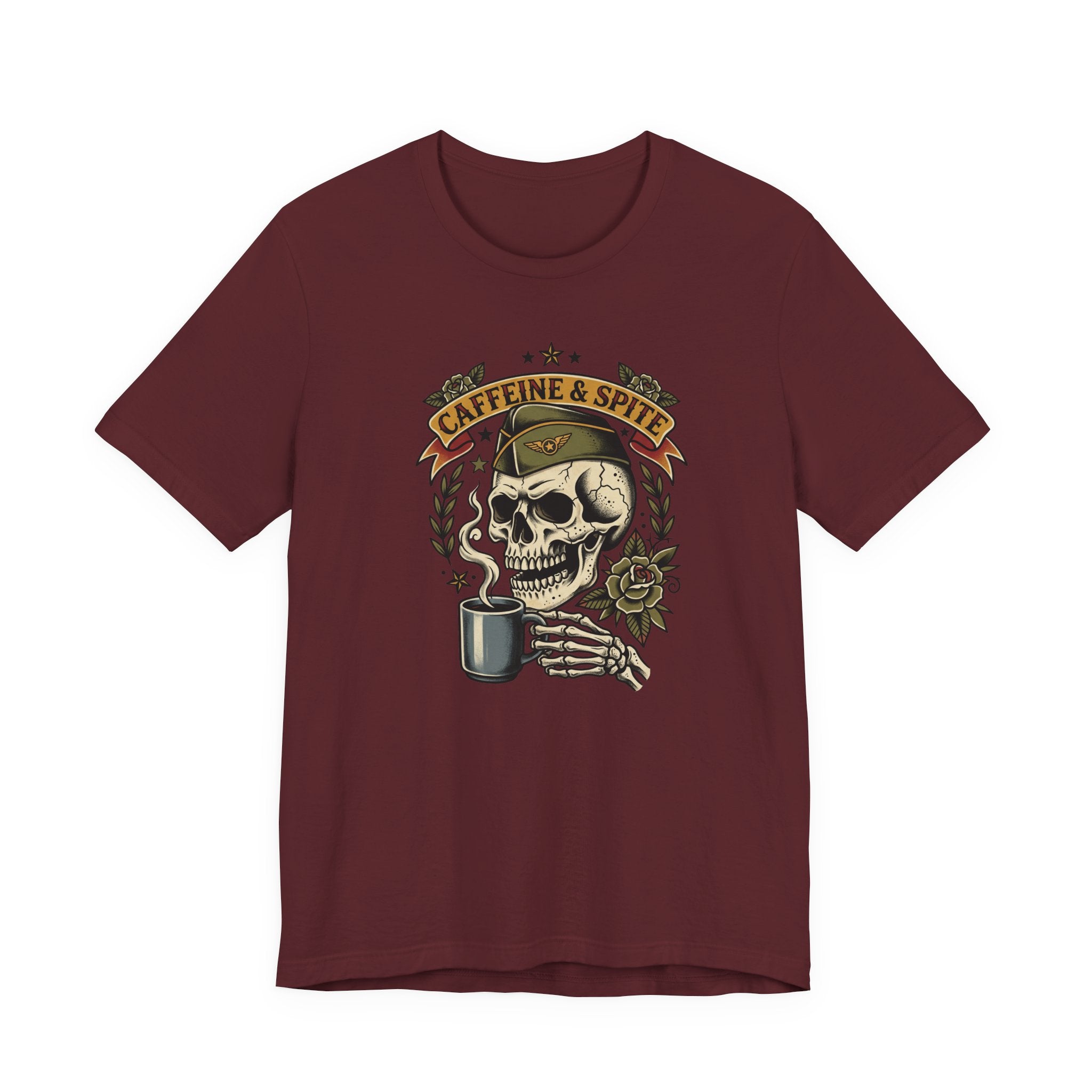 Burgundy graphic T-shirt with skull holding coffee mug, Caffeine & Spite design
