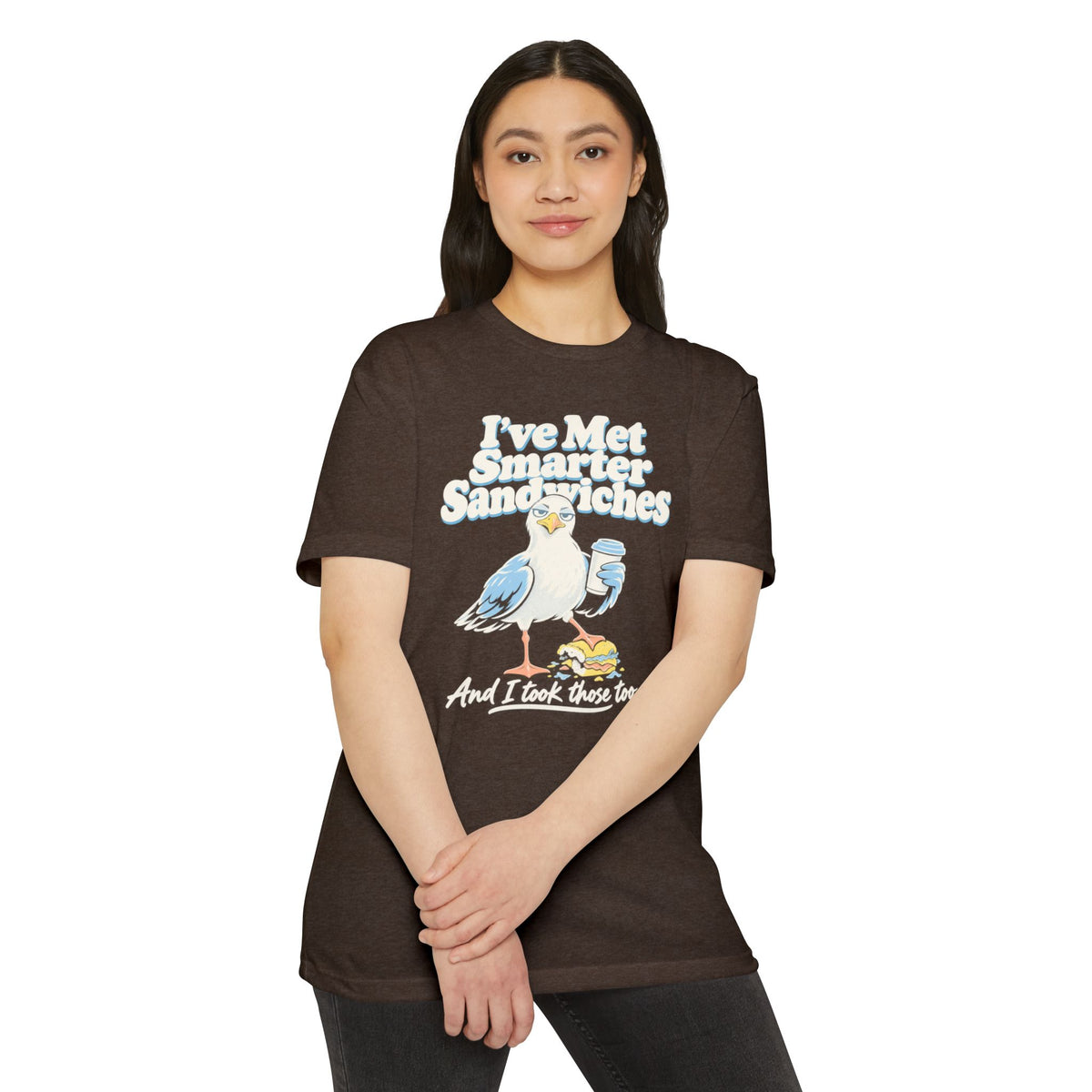 Dark brown crewneck t-shirt with seagull sandwich graphic on front