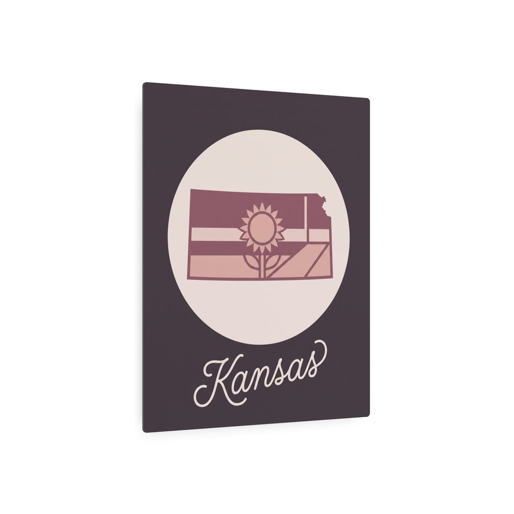 Kansas metal wall art sign with dark square panel, oval sun scene, and white Kansas script.