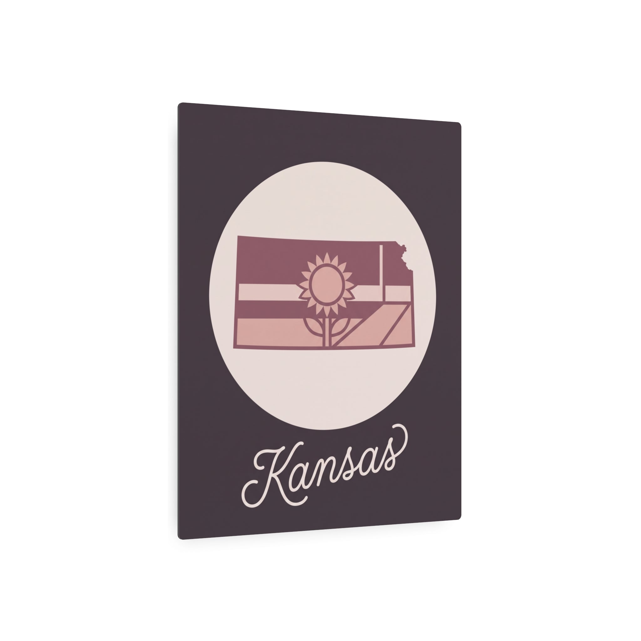 Kansas metal wall art sign with dark square panel, oval sun scene, and white Kansas script.