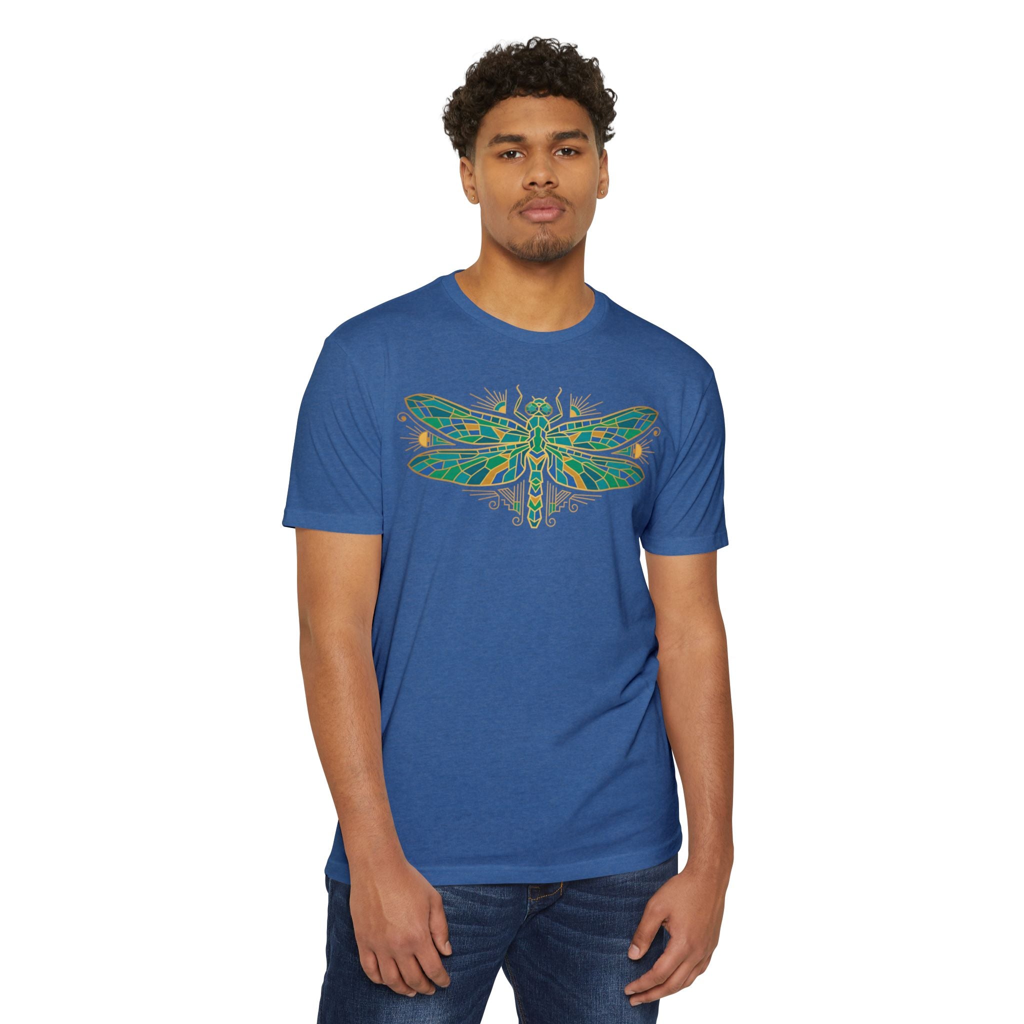 Blue unisex T-shirt with dragonfly mosaic illustration graphic across the chest.