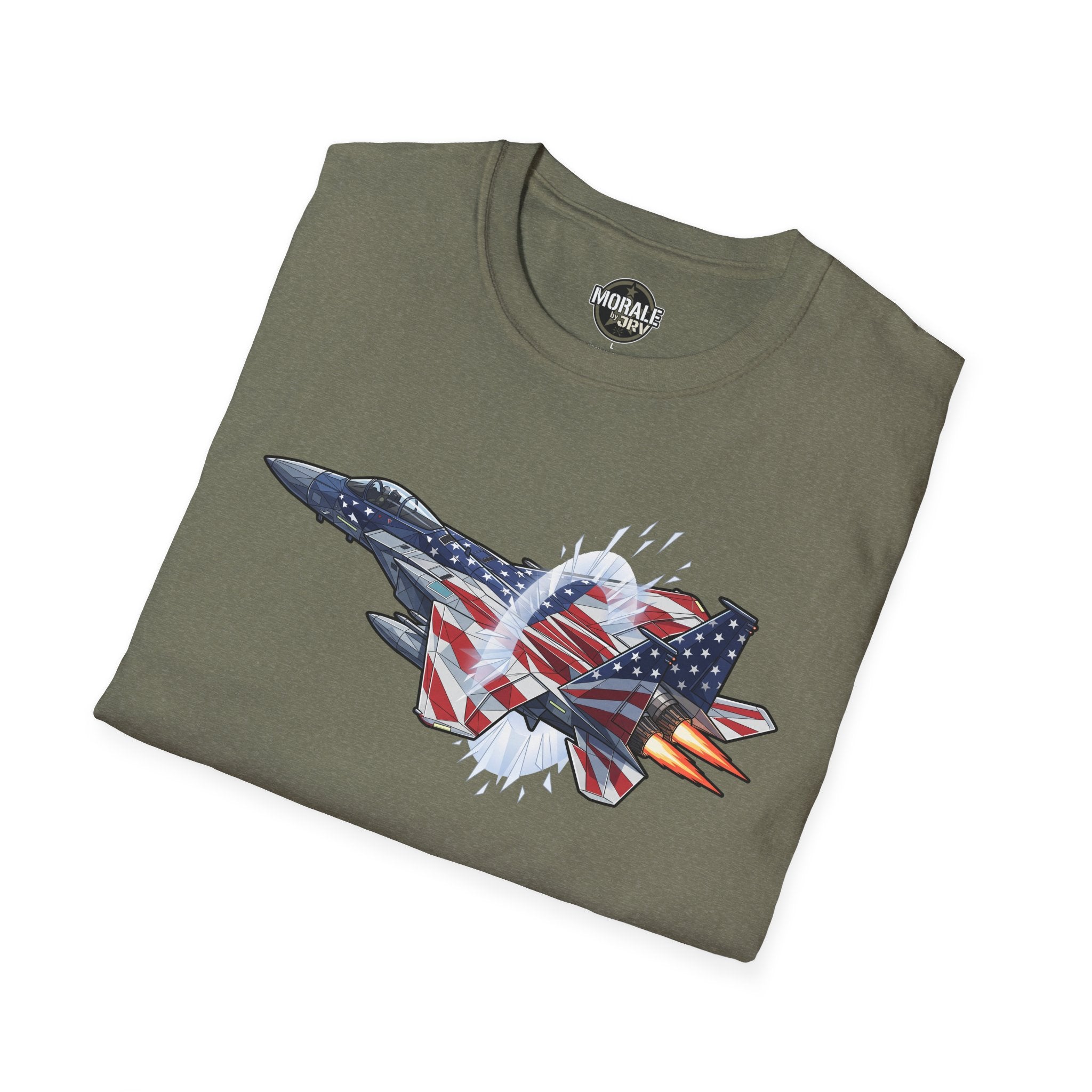 American flag fighter jet T-shirt (military green) with patriotic fighter jet graphic