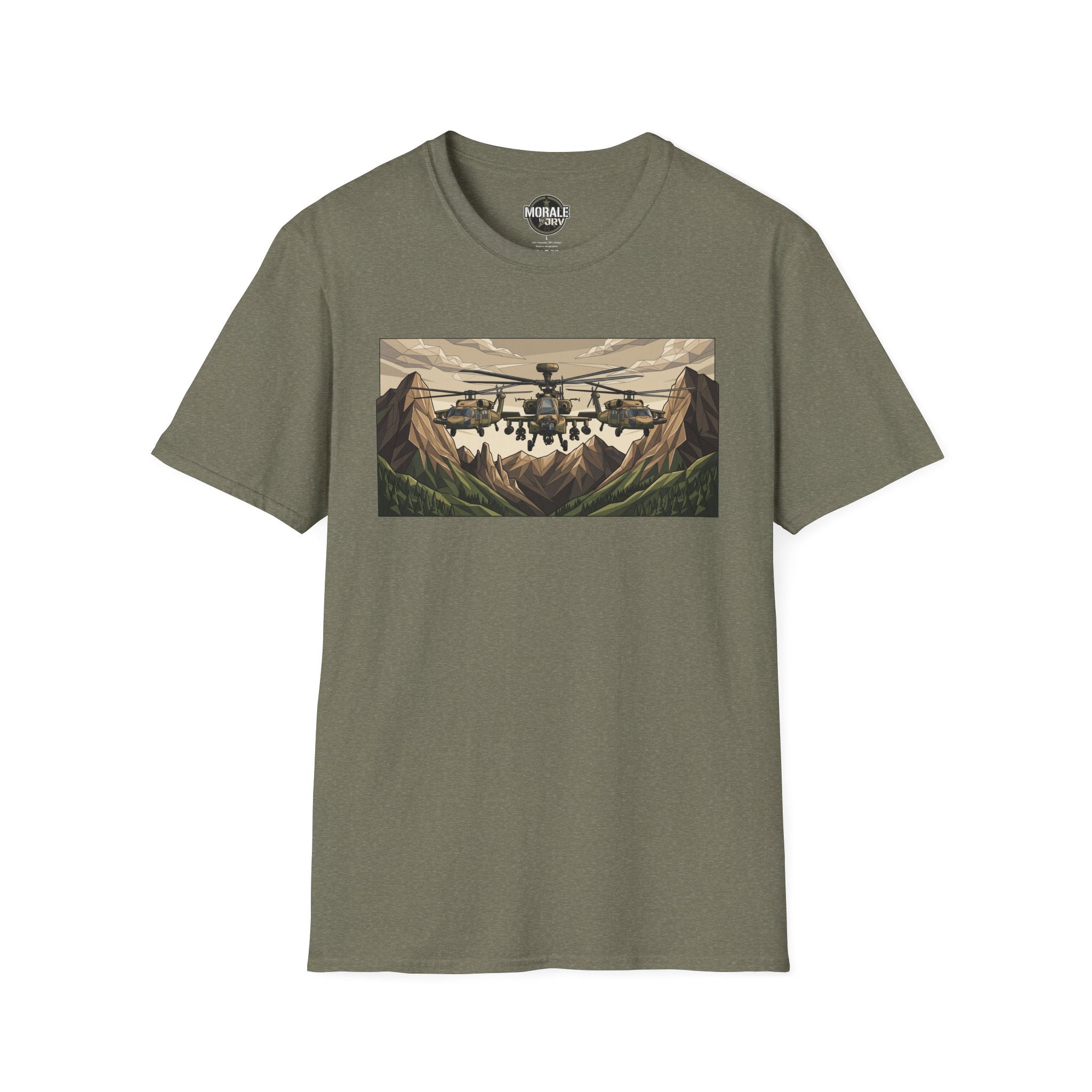 Attack Helicopter T-Shirt in Heather Military Green with mountain helicopter graphic