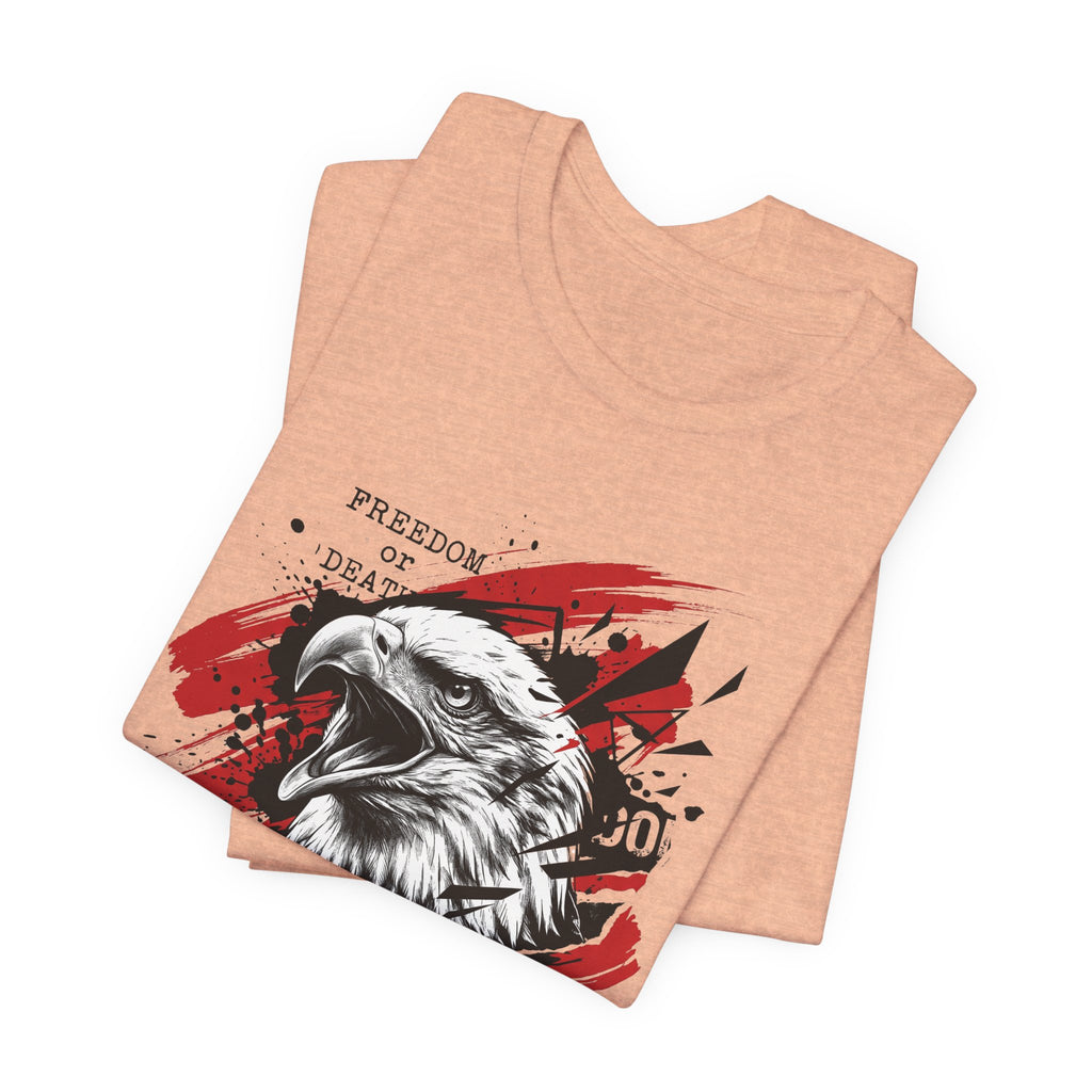 Peach graphic t-shirt with eagle head and red splatter print