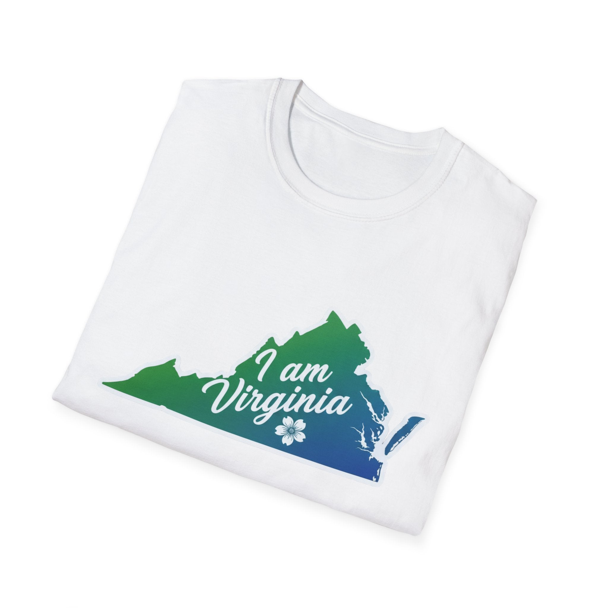 I Am Virginia T-Shirt: white tee with colorful Virginia outline state graphic