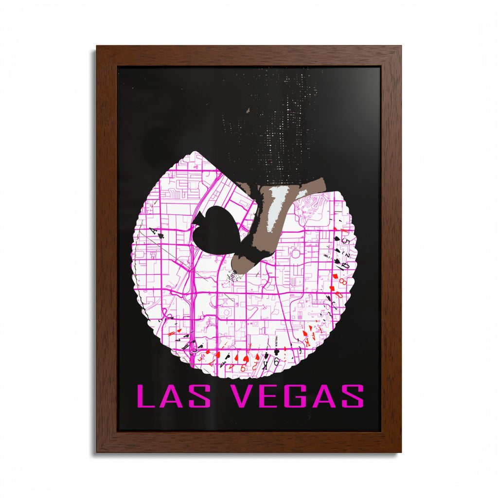 Las Vegas Pinup-Poster: Holzrahmen, Kartenform mit Silhouette und Magenta-Text