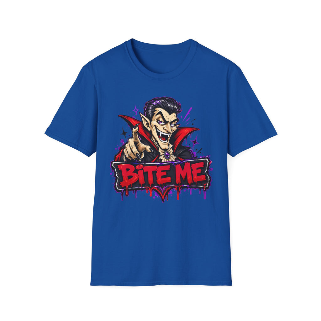 Royal blue T-shirt featuring a vampire character and “BITE ME” graphic