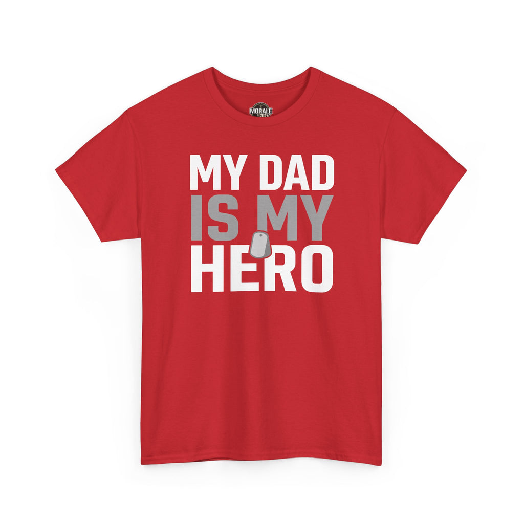 Red T-shirt with 'MY DAD IS MY HERO' dog tag graphic on front