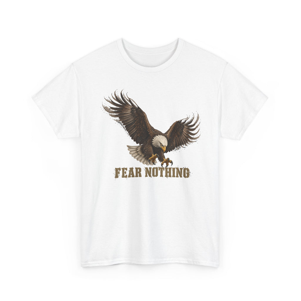 White crewneck T-shirt with eagle graphic and “FEAR NOTHING”