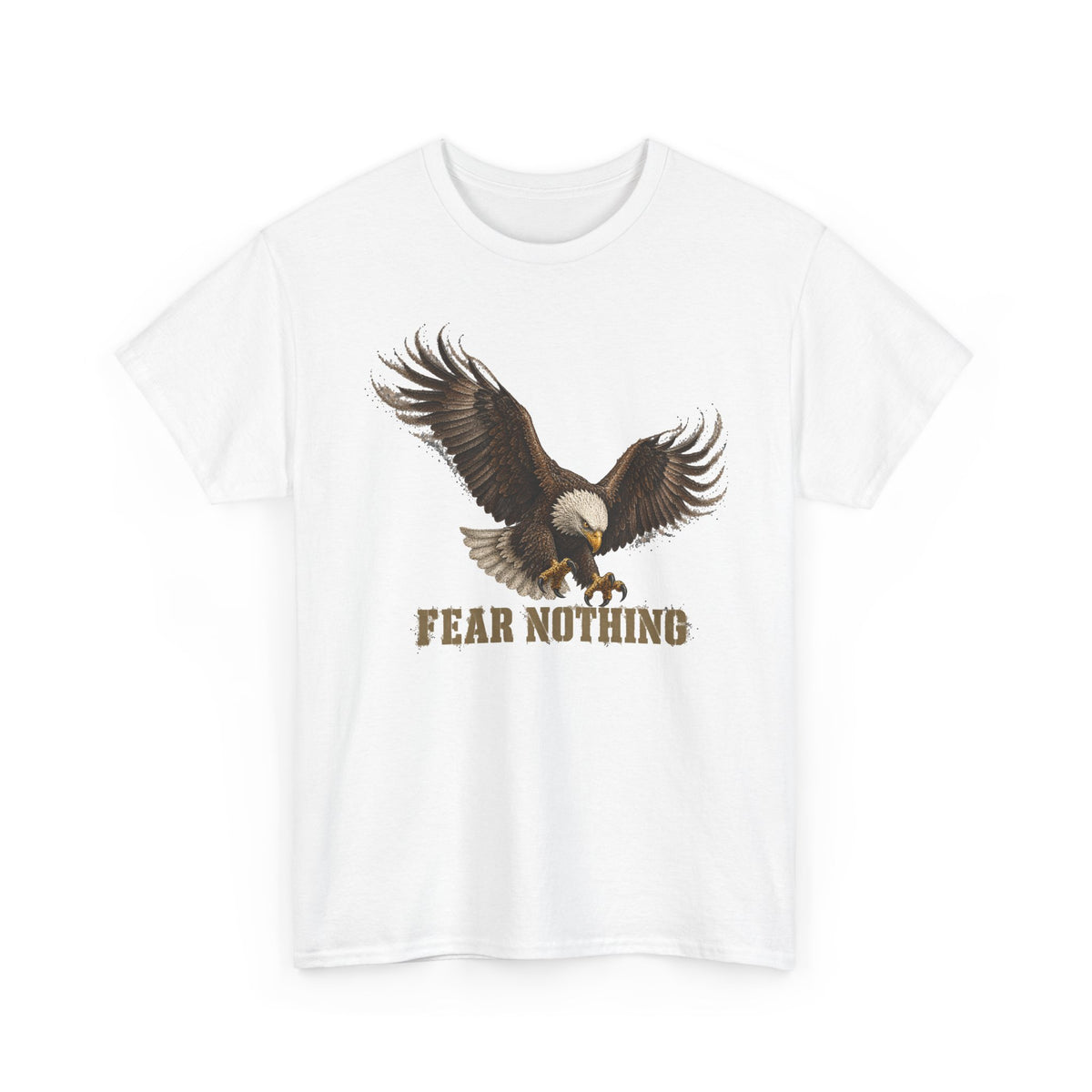 White crewneck T-shirt with eagle graphic and “FEAR NOTHING”
