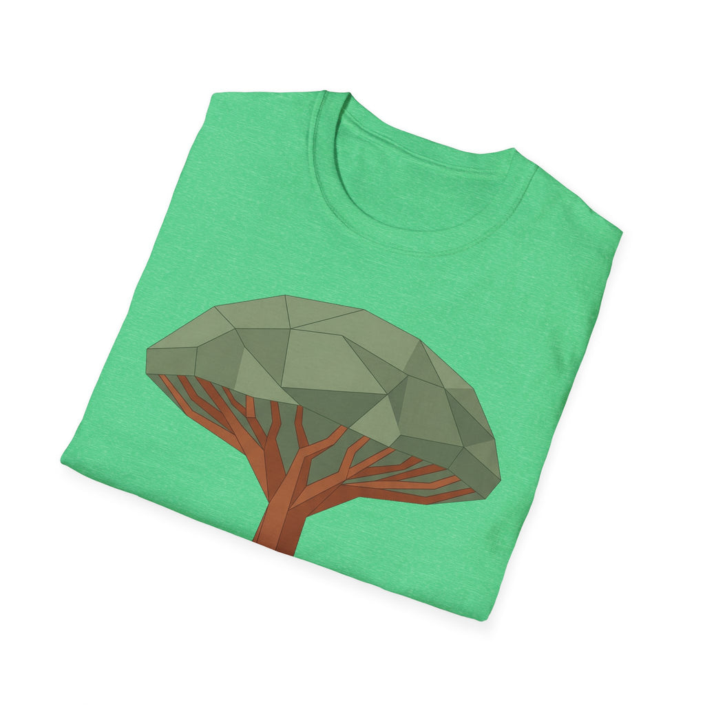 Bright green T-shirt with geometric dragon blood tree graphic and orange branches