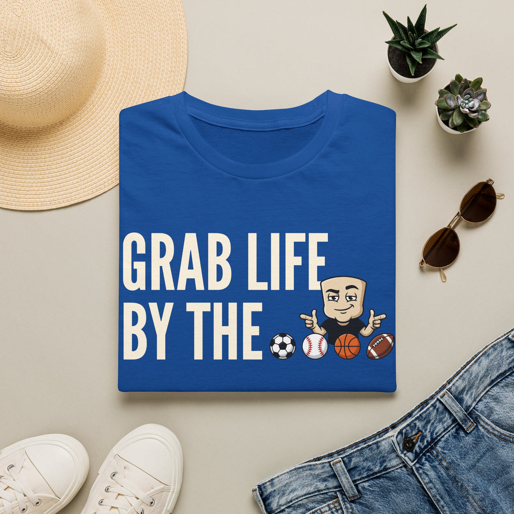 Blue graphic T-shirt with motivational text and sports ball characters on the front