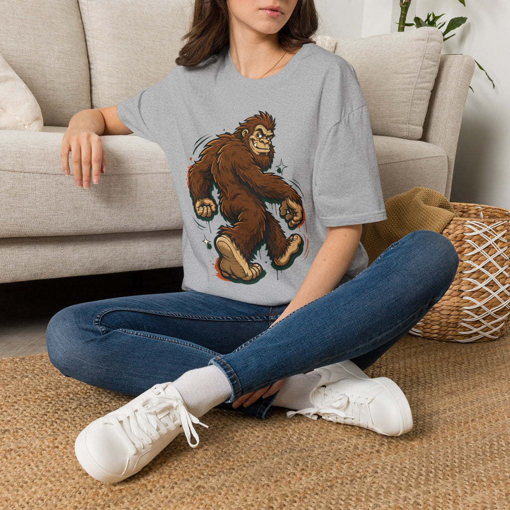 Light gray crewneck t-shirt with brown bigfoot cartoon graphic on the front