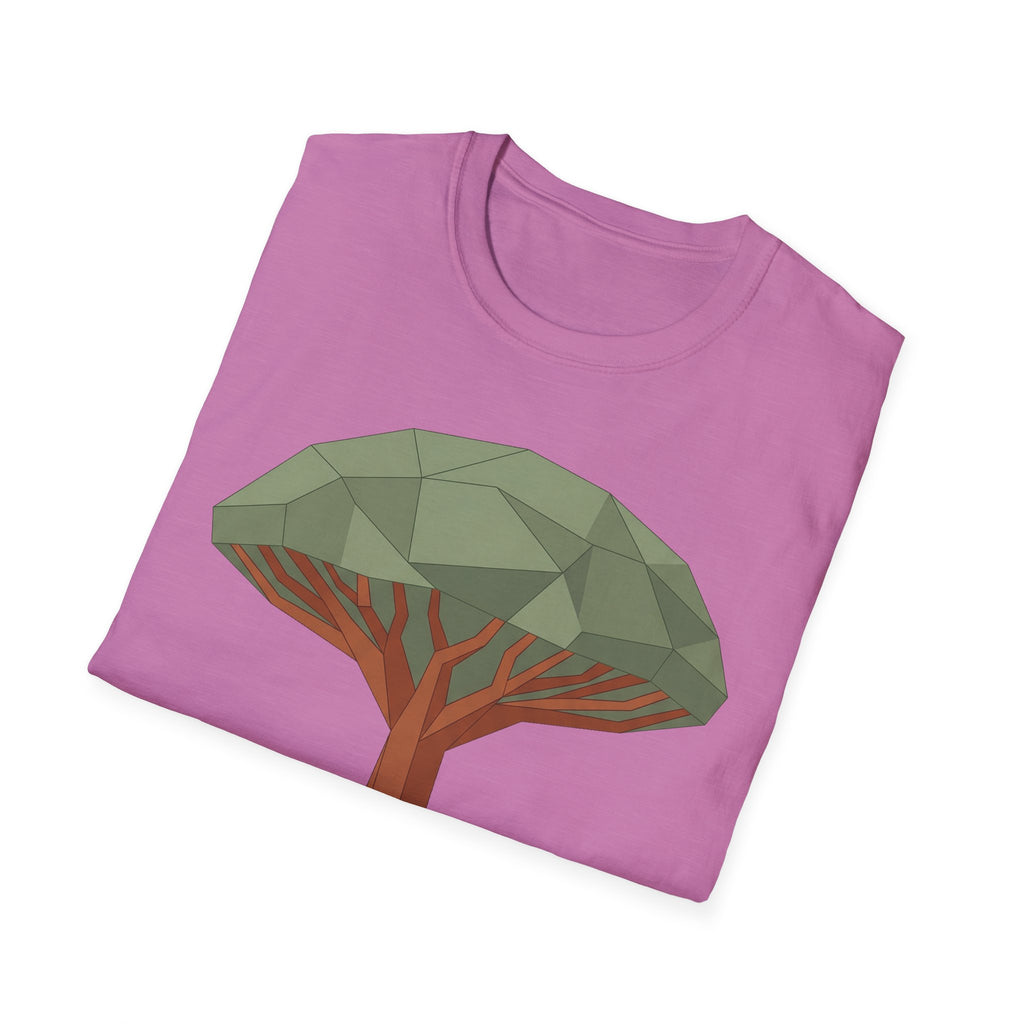 Dragon Blood Tree T-Shirt pink, full geometric tree graphic with red branches