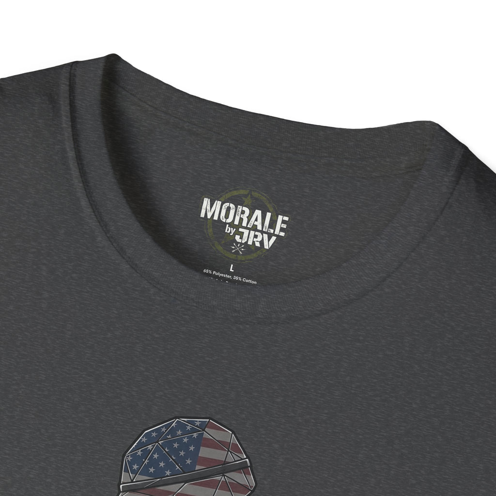 Dark heather crew-neck tee with 'MORALE by TR1' label near collar