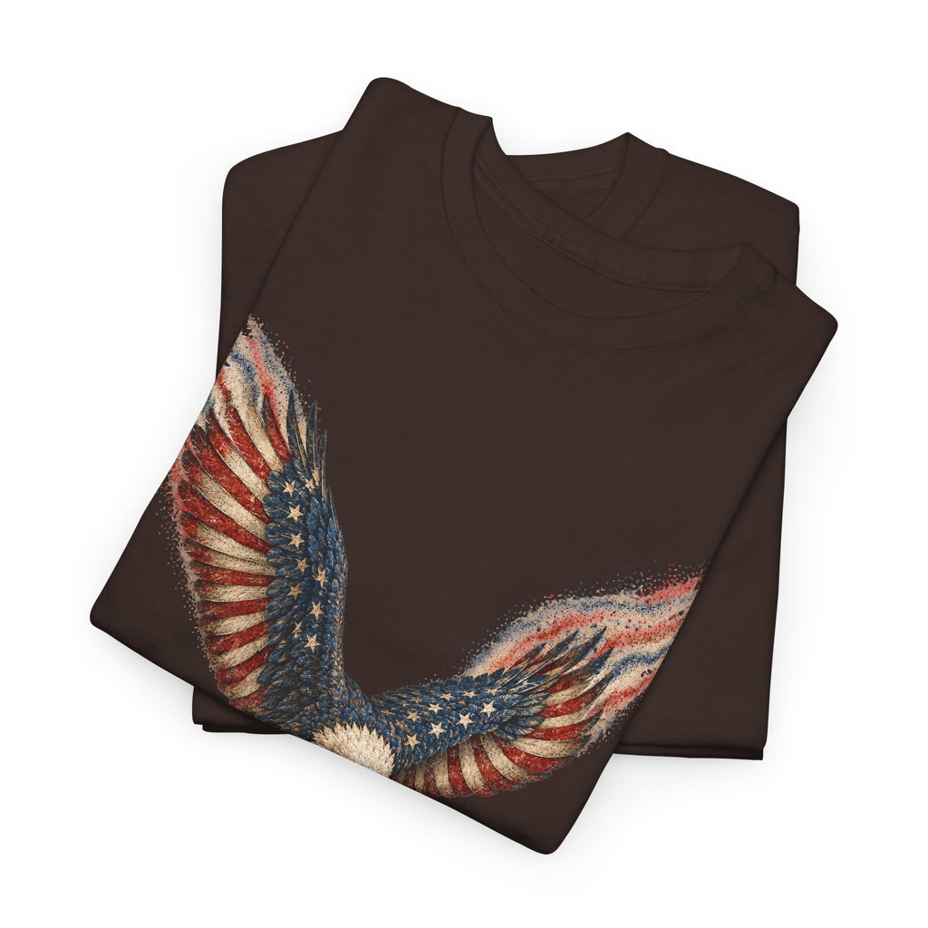 Dark brown crew-neck t-shirt with American flag eagle wing graphic on front.