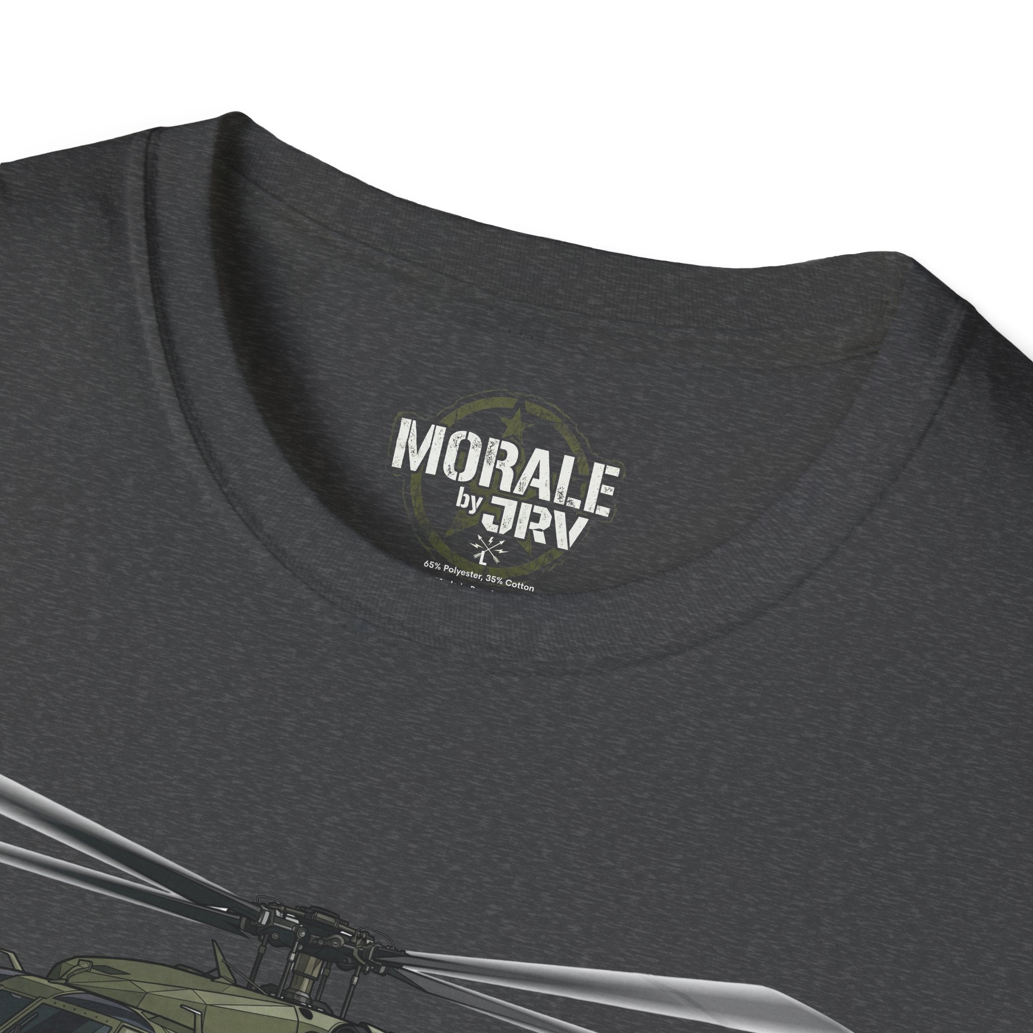 Dark gray T-shirt neckline with "MORALE by TRR" logo and helicopter graphic