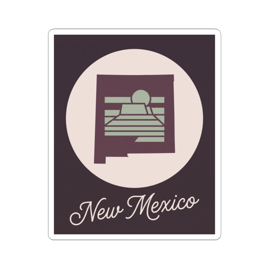 New Mexico sticker decal featuring circular desert mesa with sunrise and “New Mexico” lettering
