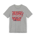 Heather gray T-shirt with red and blue floral dot Arkansas outline graphic