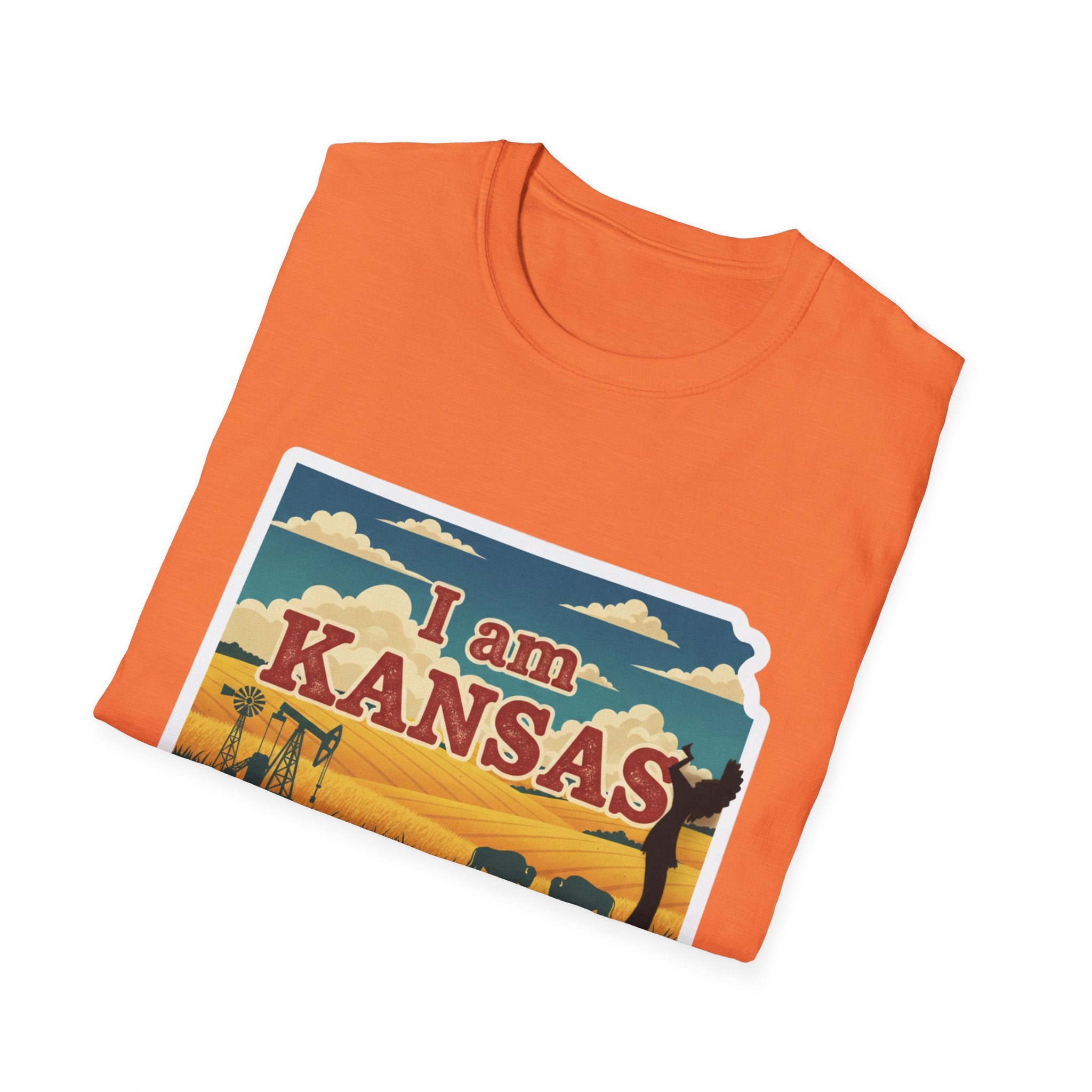Orange I am Kansas T-shirt with prairie scene Kansas text graphic