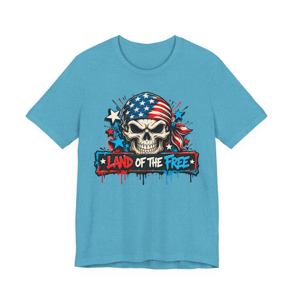 Teal skull patriotic T-shirt with American flag graphic on center chest