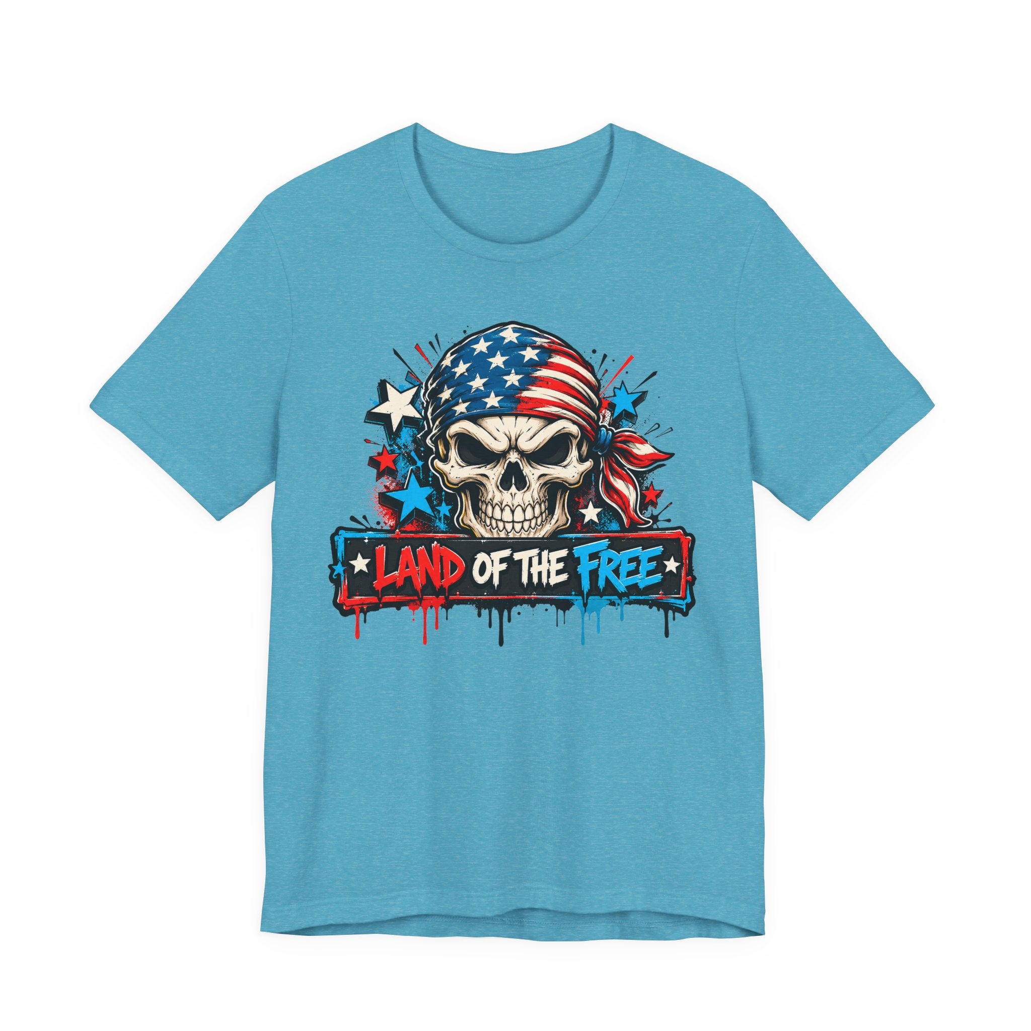 Teal skull patriotic T-shirt with American flag graphic on center chest