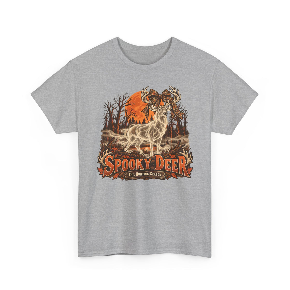Light gray T-shirt with orange ghost deer hunting graphic on chest