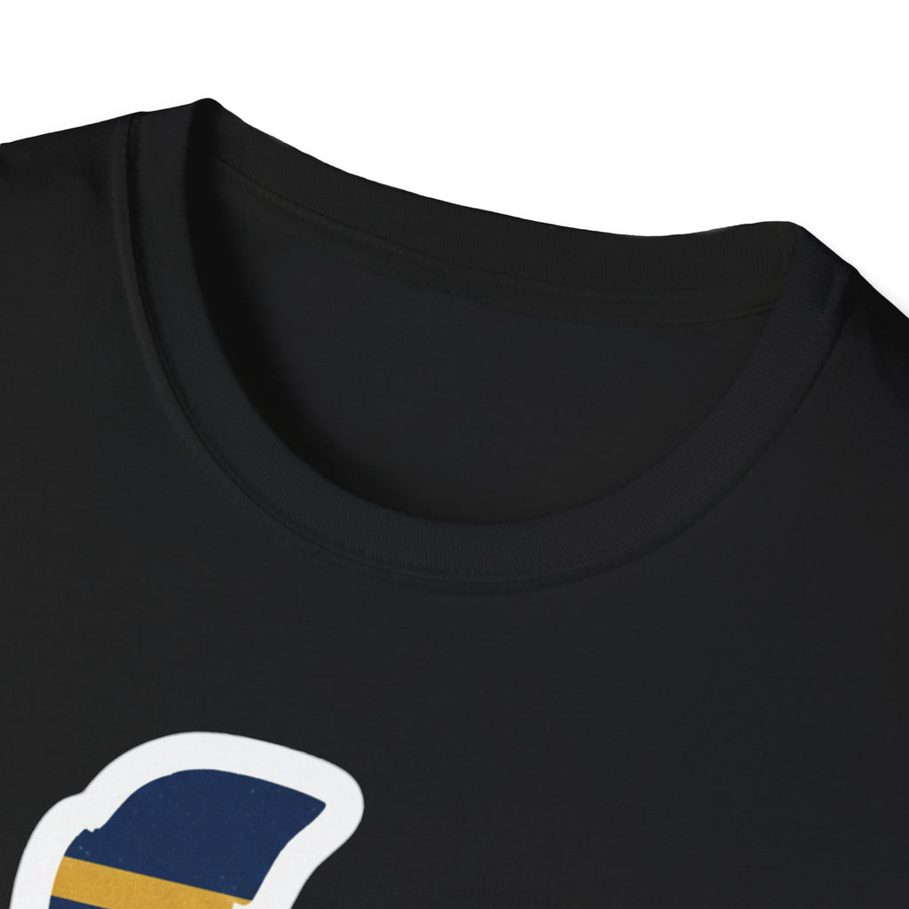 Black T-shirt neckline with partial Delaware outline graphic at lower chest