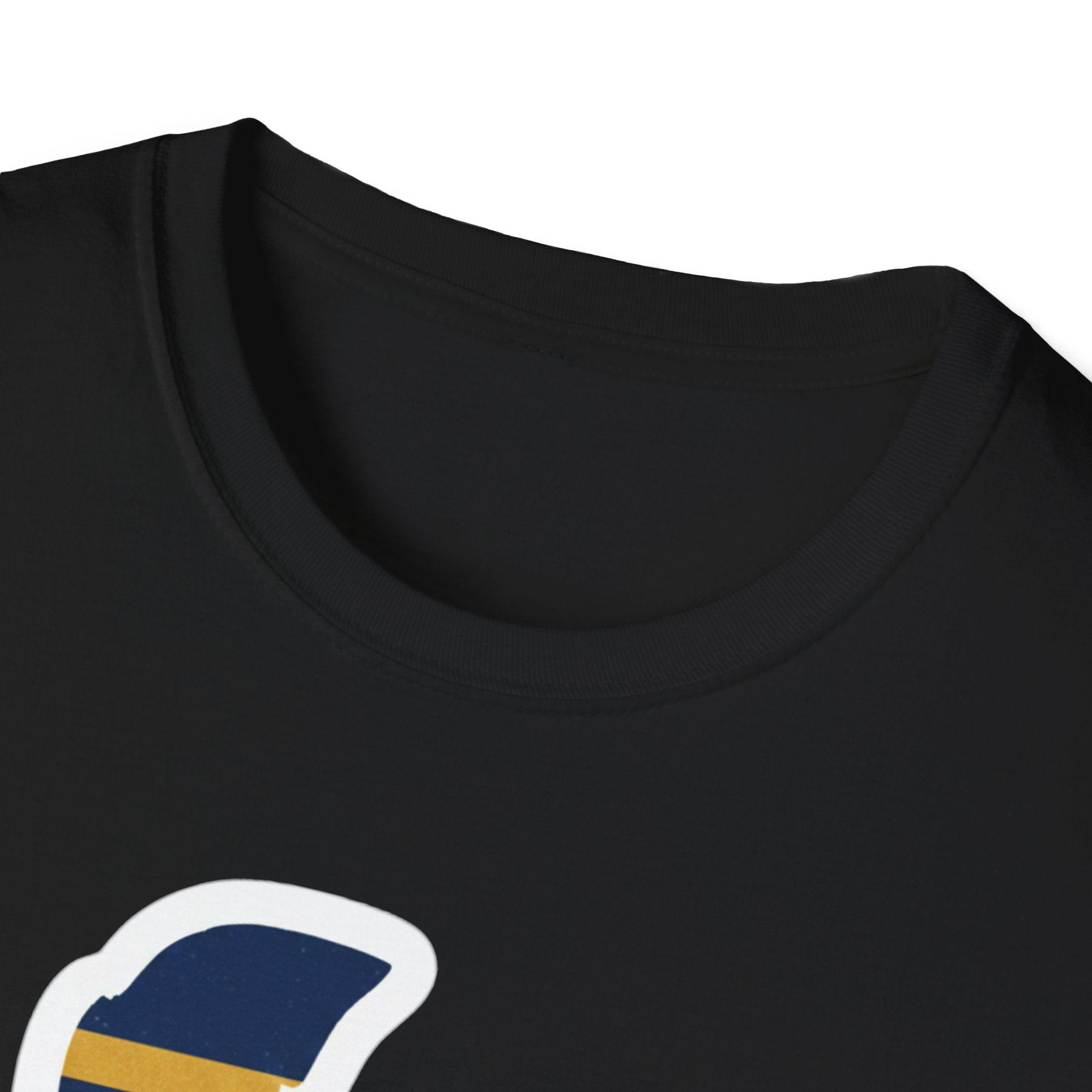 Black T-shirt neckline with partial Delaware outline graphic at lower chest