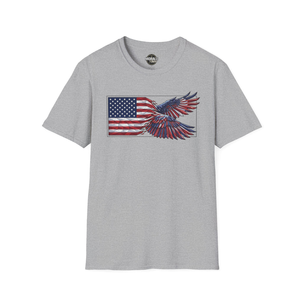 Patriotic eagle flag graphic T-shirt, heather gray with blue-red wing details