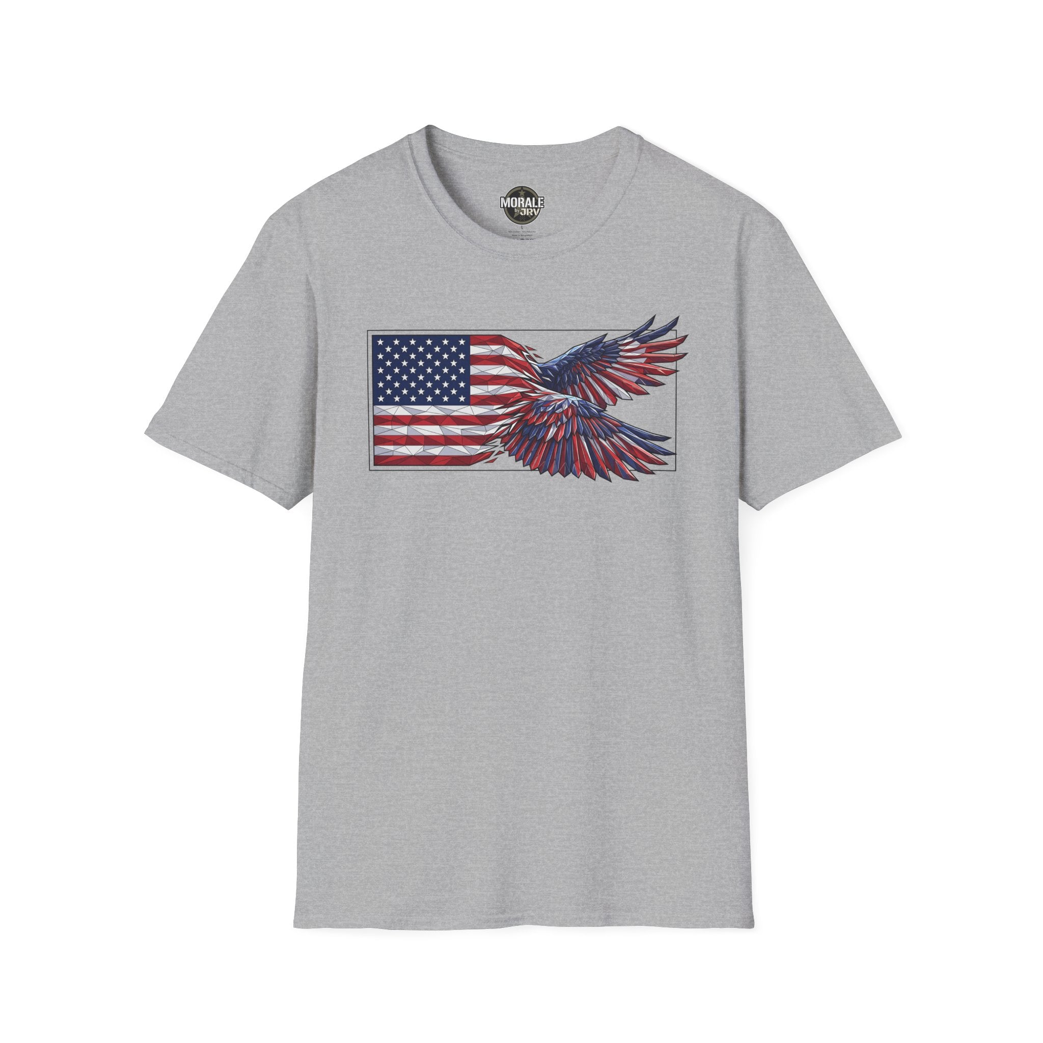 Patriotic eagle flag graphic T-shirt, heather gray with blue-red wing details