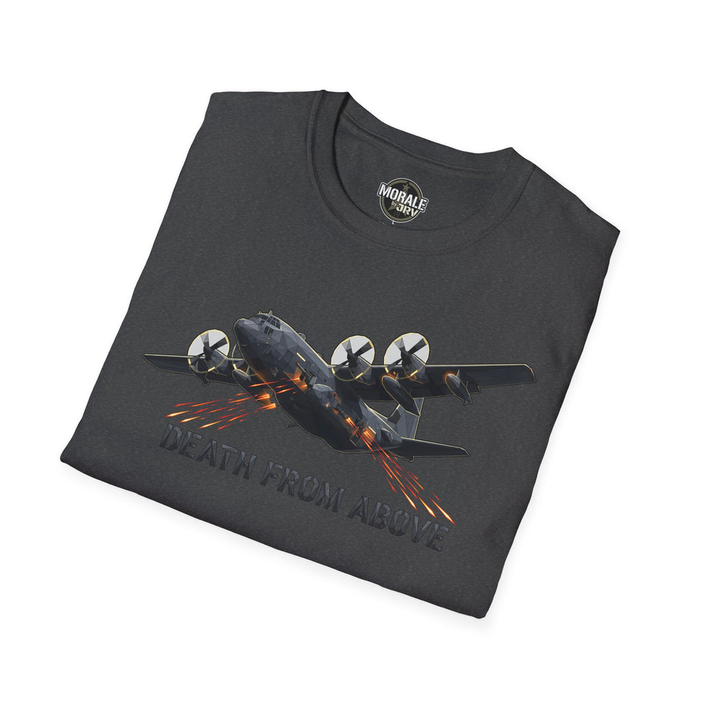 Military plane T-shirt folded front with airplane graphic and “DEATH FROM ABOVE”