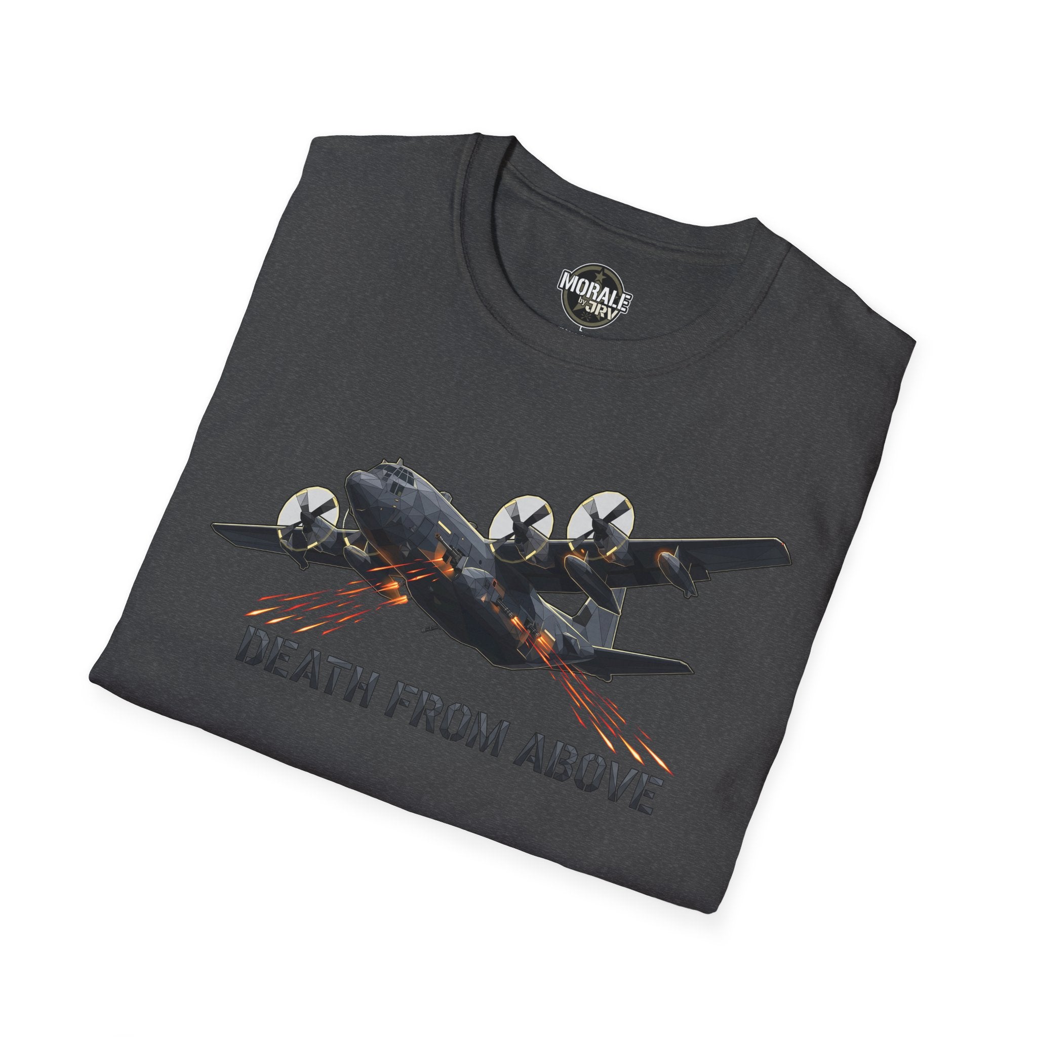 Military plane T-shirt folded front with airplane graphic and “DEATH FROM ABOVE”