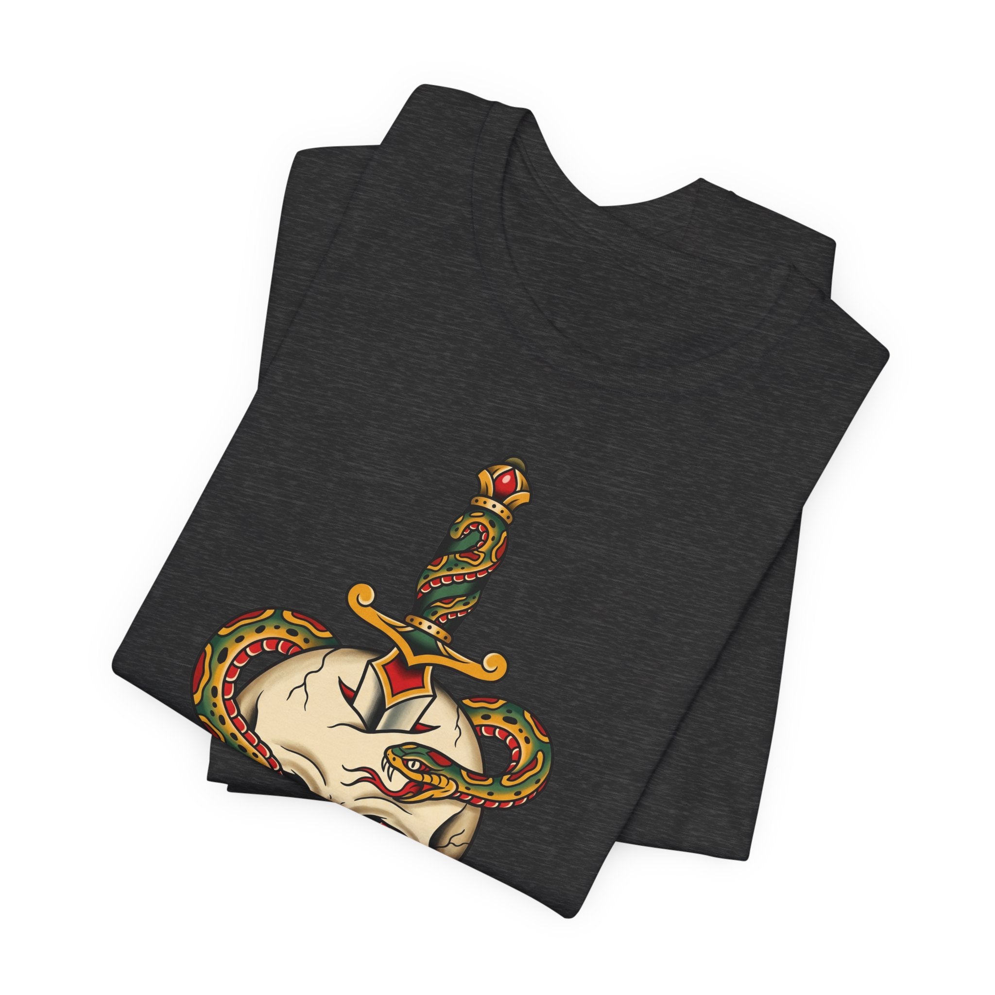 Dark heather t-shirt with colorful snake skull dagger graphic, folded front