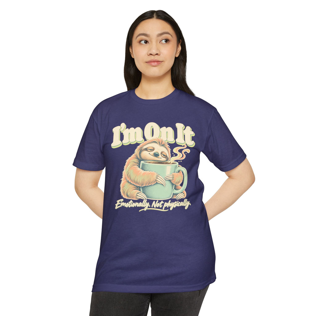 Navy crew-neck t-shirt with “I’m On It” lazy sloth coffee graphic on front