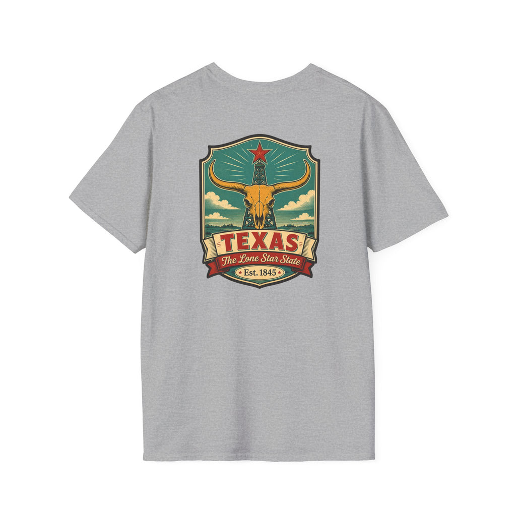 Texas Longhorn T-shirt, heather gray, with longhorn Texas crest graphic on chest