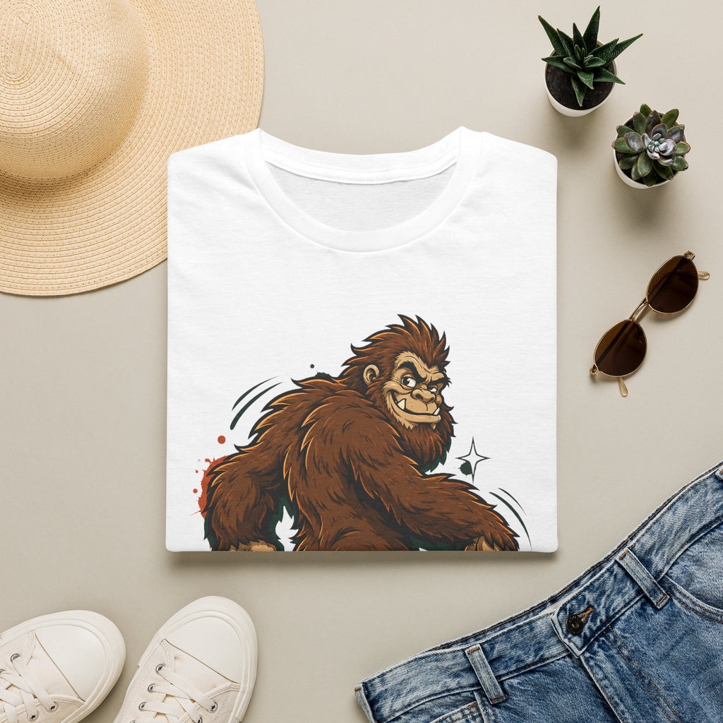 White crewneck T-shirt with brown smirking sasquatch graphic and star accents