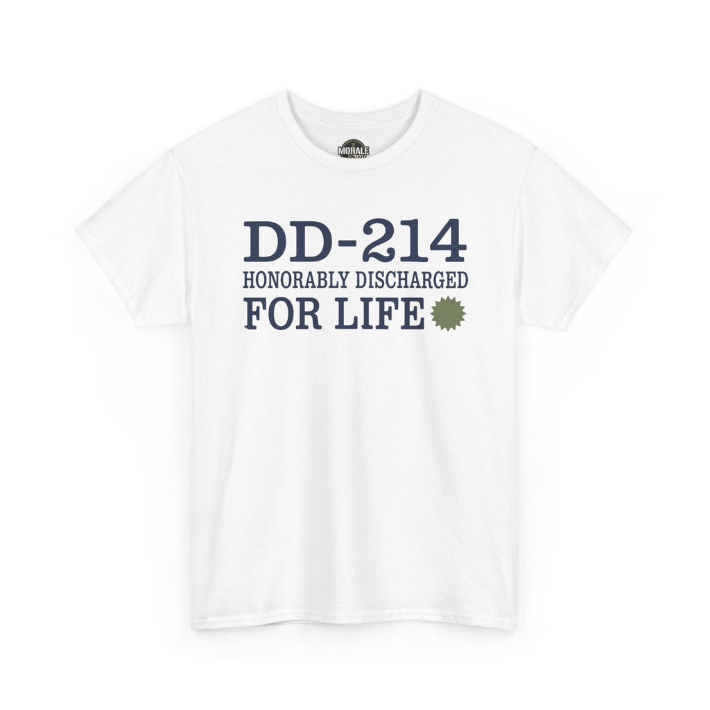 White T-shirt with DD-214 Honorable Discharged For Life front print