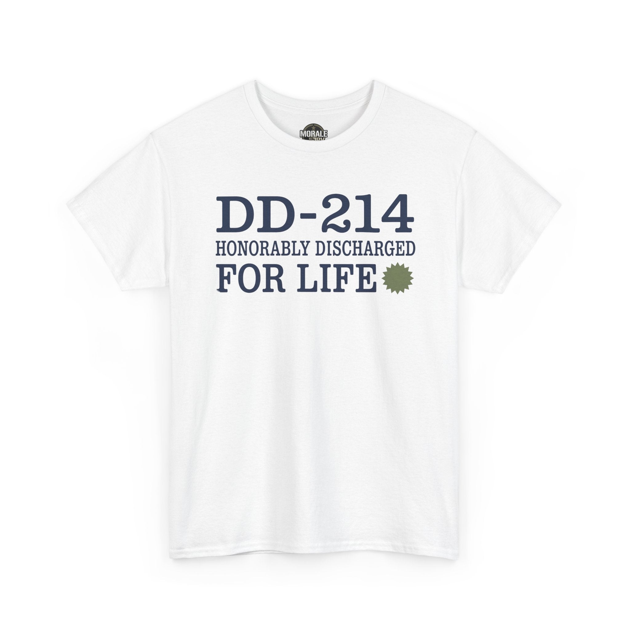 White T-shirt with DD-214 Honorable Discharged For Life front print