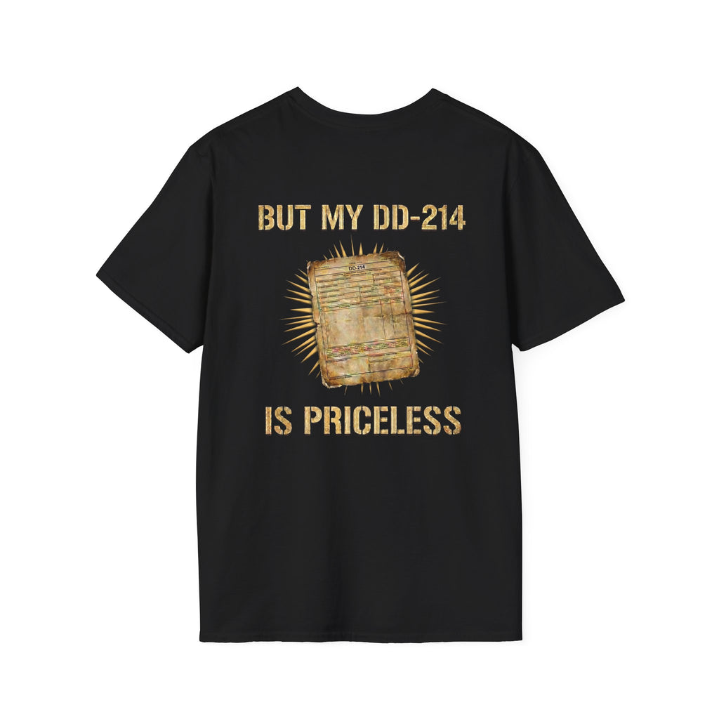 Black DD-214 veteran tribute T-shirt with “But my DD-214 is priceless”