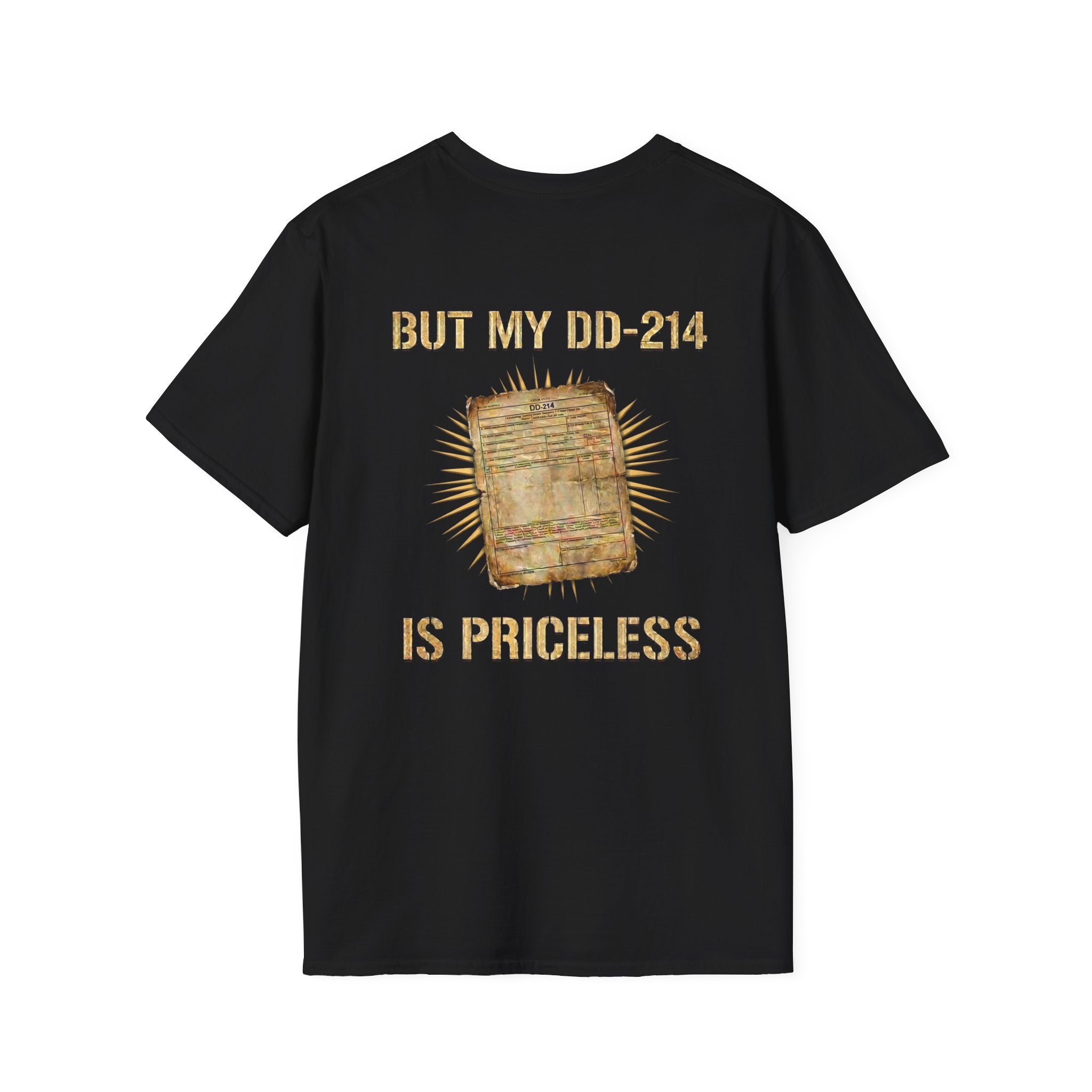 Black DD-214 veteran tribute T-shirt with “But my DD-214 is priceless”
