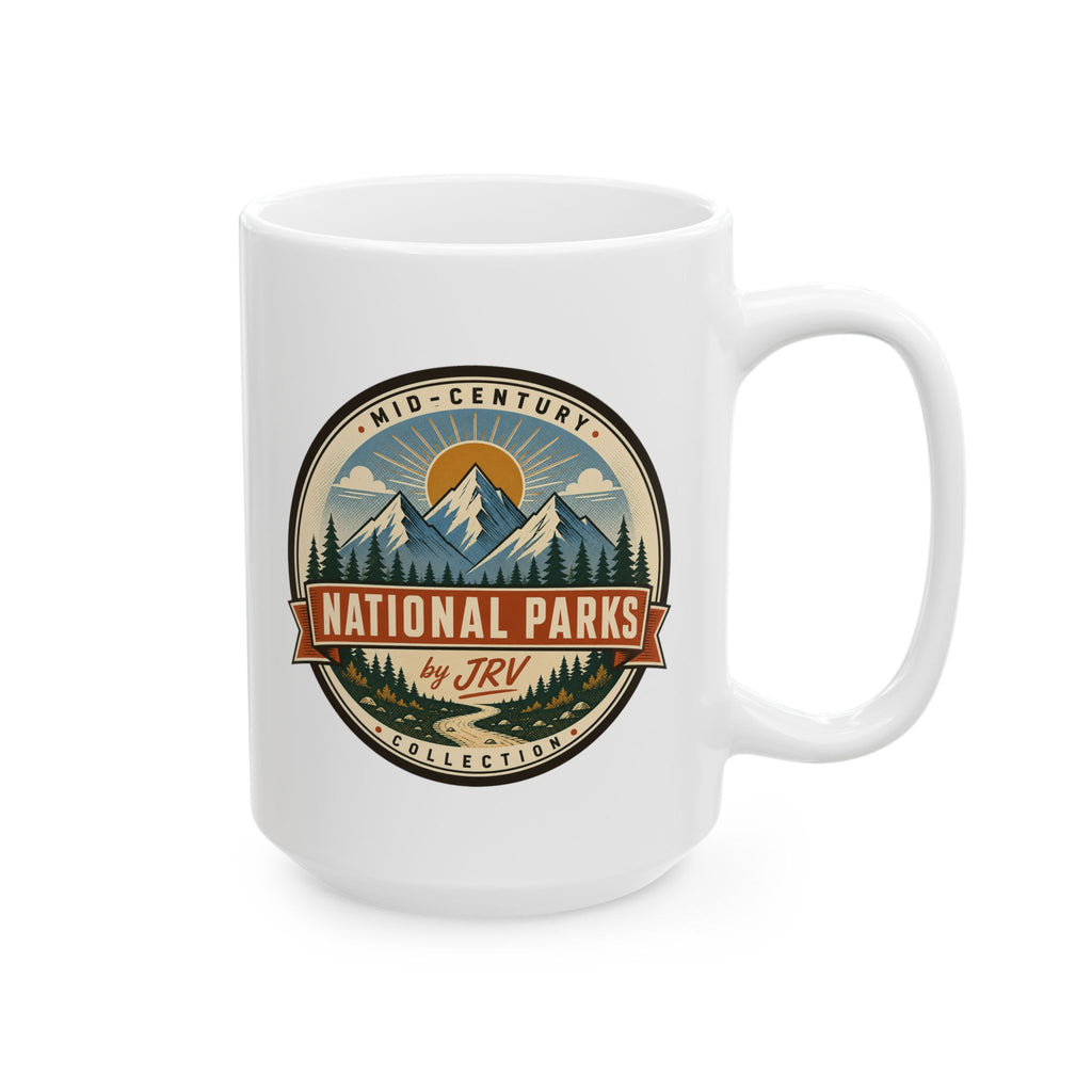 White ceramic mug with Mid-Century National Parks emblem graphic, handle and front
