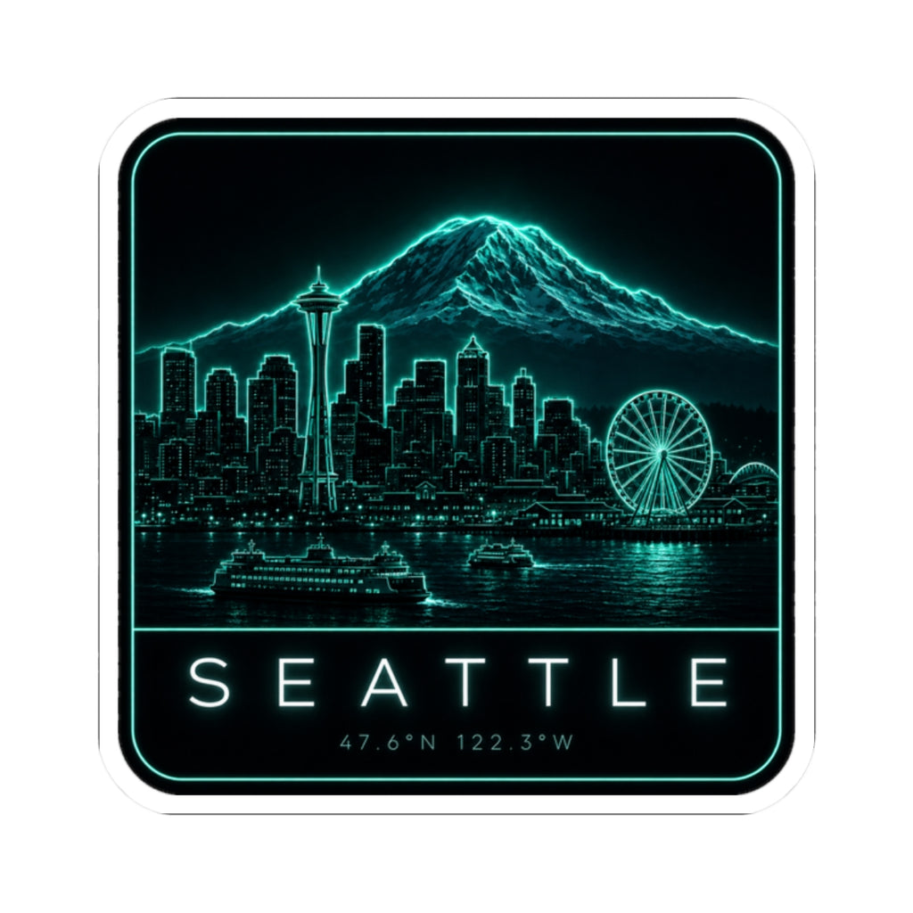 Square neon teal Seattle skyline sticker with glowing mountain, ferris wheel, SEATTLE lettering