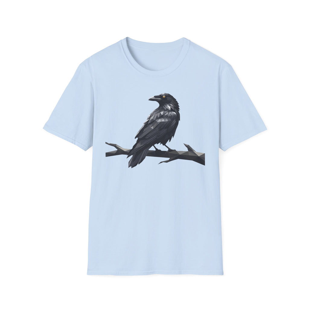Light blue raven t-shirt with dark crow graphic across the chest
