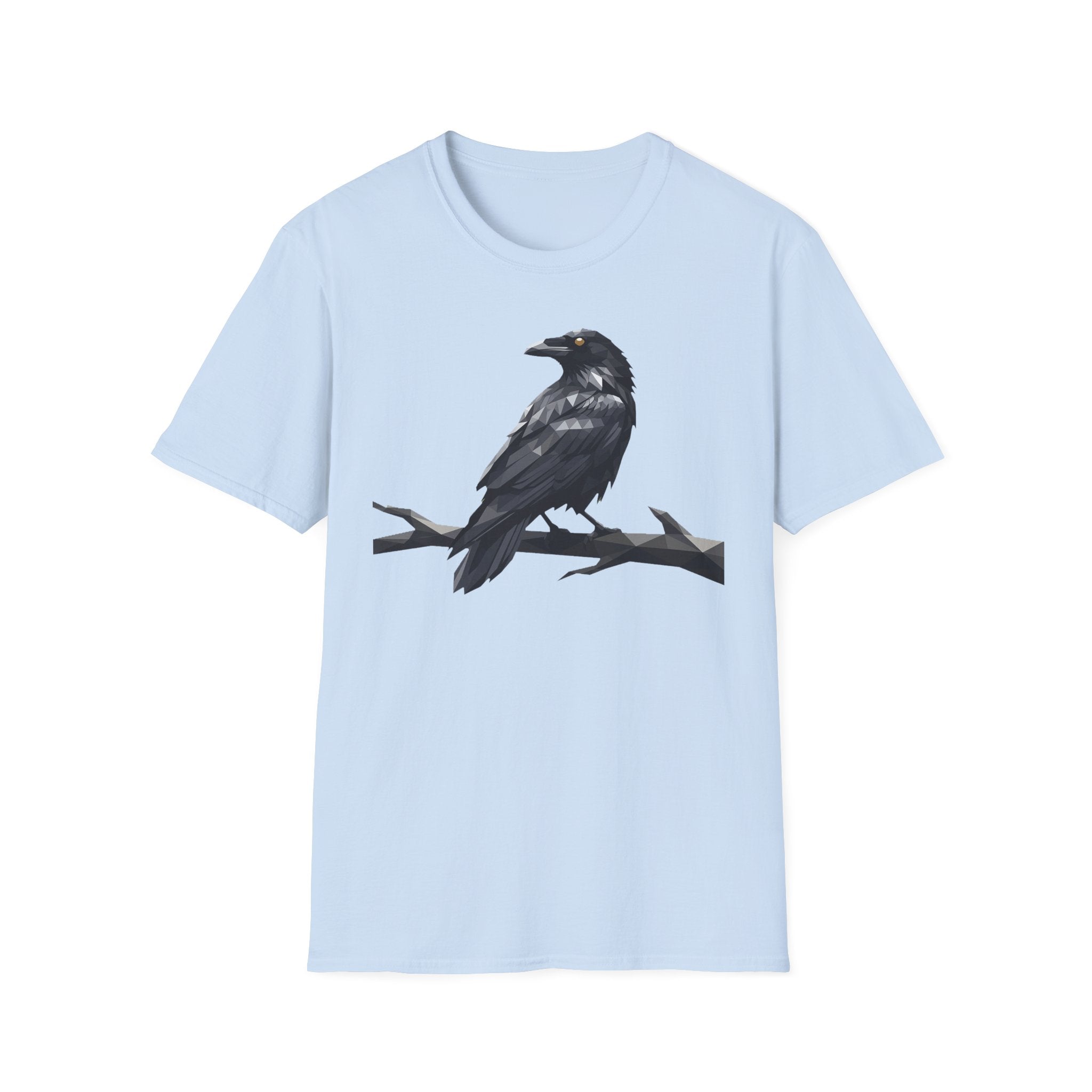 Light blue raven t-shirt with dark crow graphic across the chest