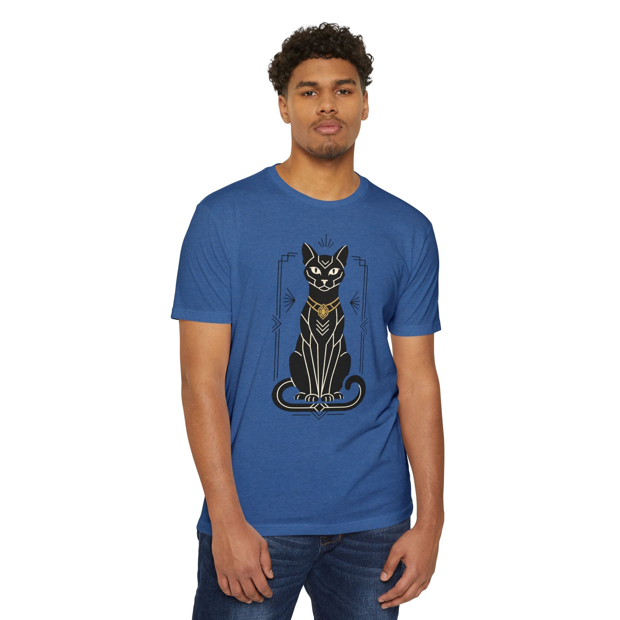 Blue cat illustration graphic T-shirt with Art Deco-style Egyptian cat design at center front