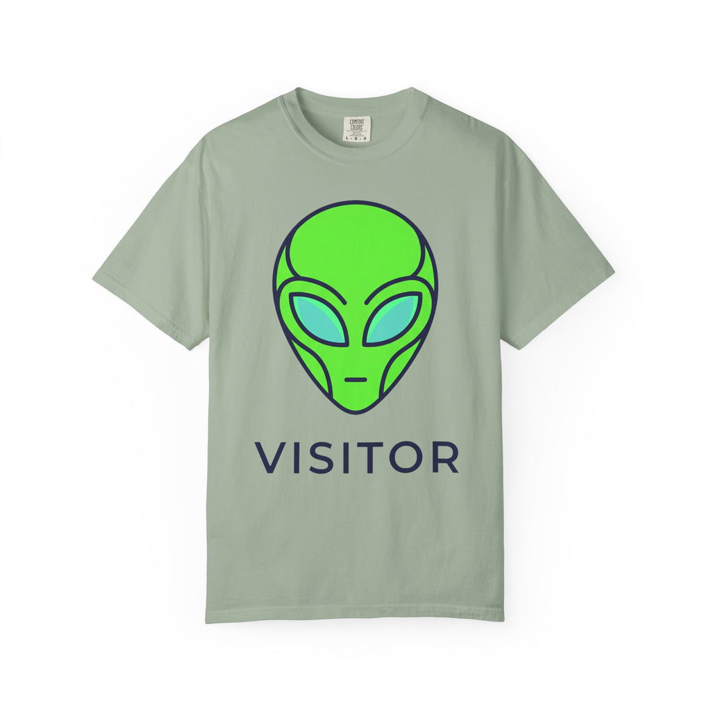 Seafoam green T-shirt with neon green alien head graphic and word VISITOR