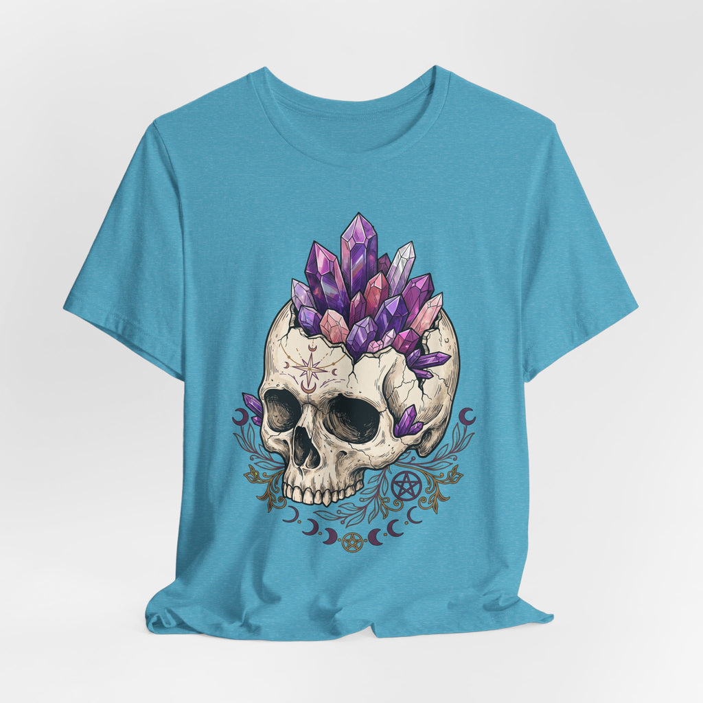 Amethyst crystal skull graphic T-shirt, heather blue