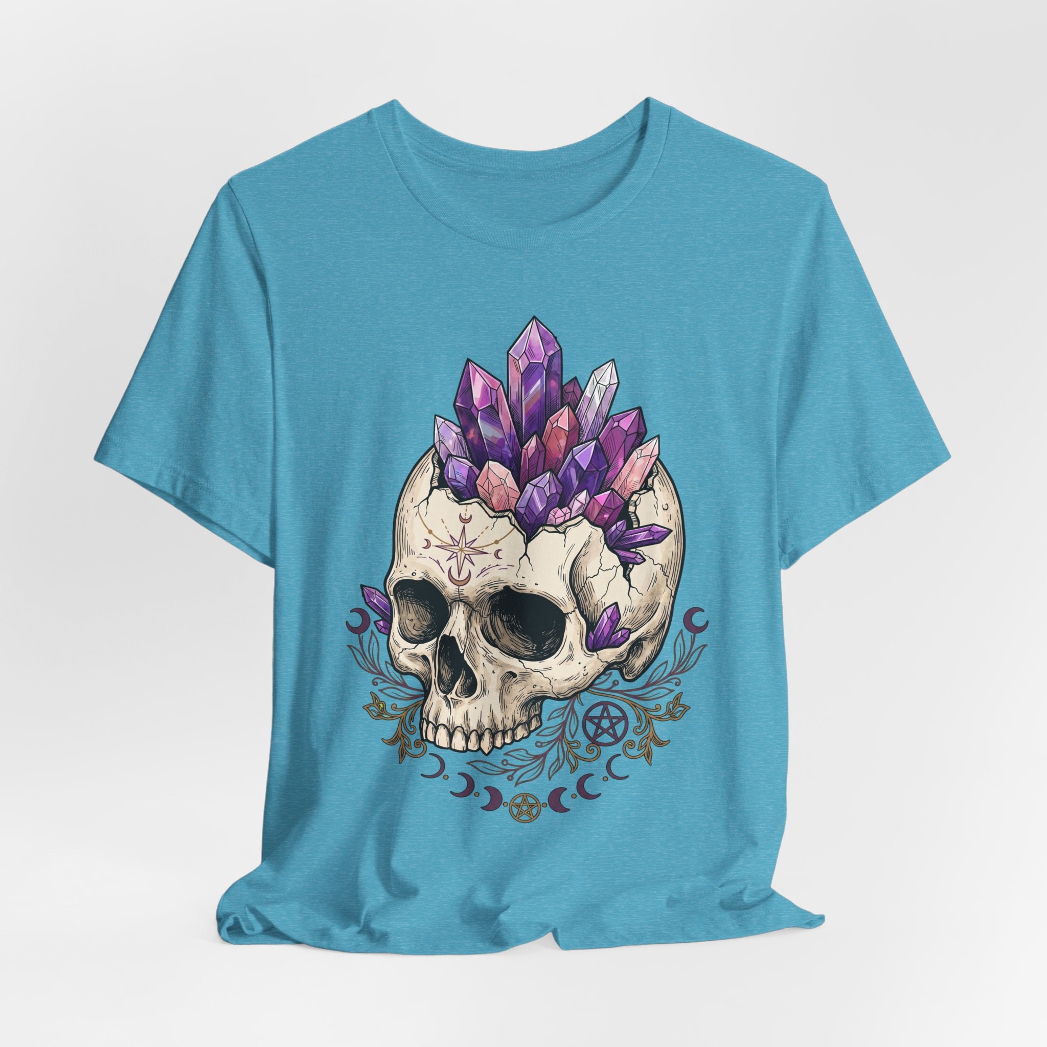 Amethyst crystal skull graphic T-shirt, heather blue